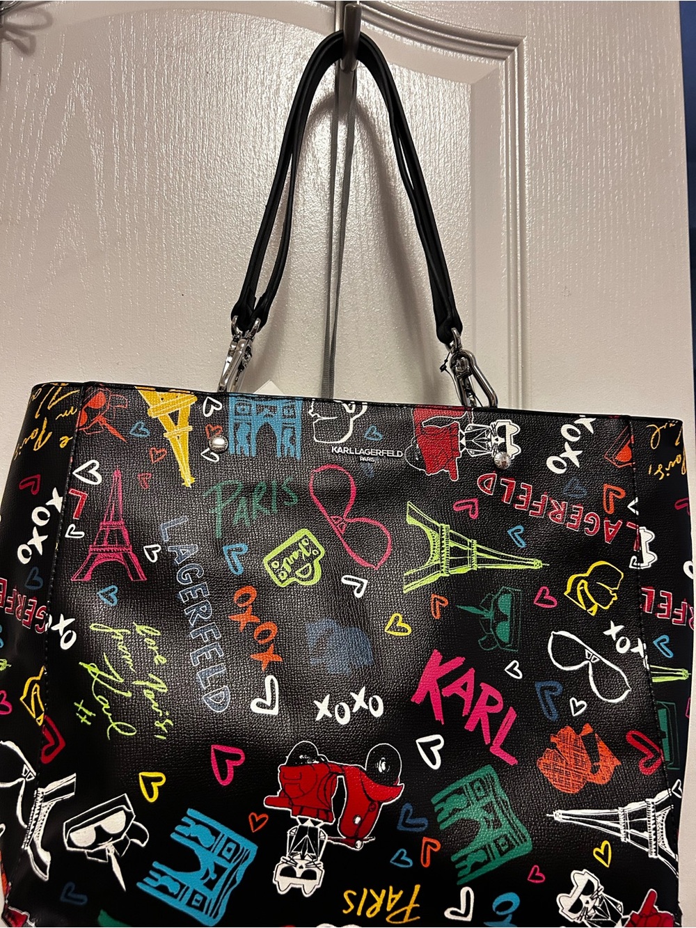 Karl Lagerfeld Black Tote with Multicolor Paris Graffiti Print